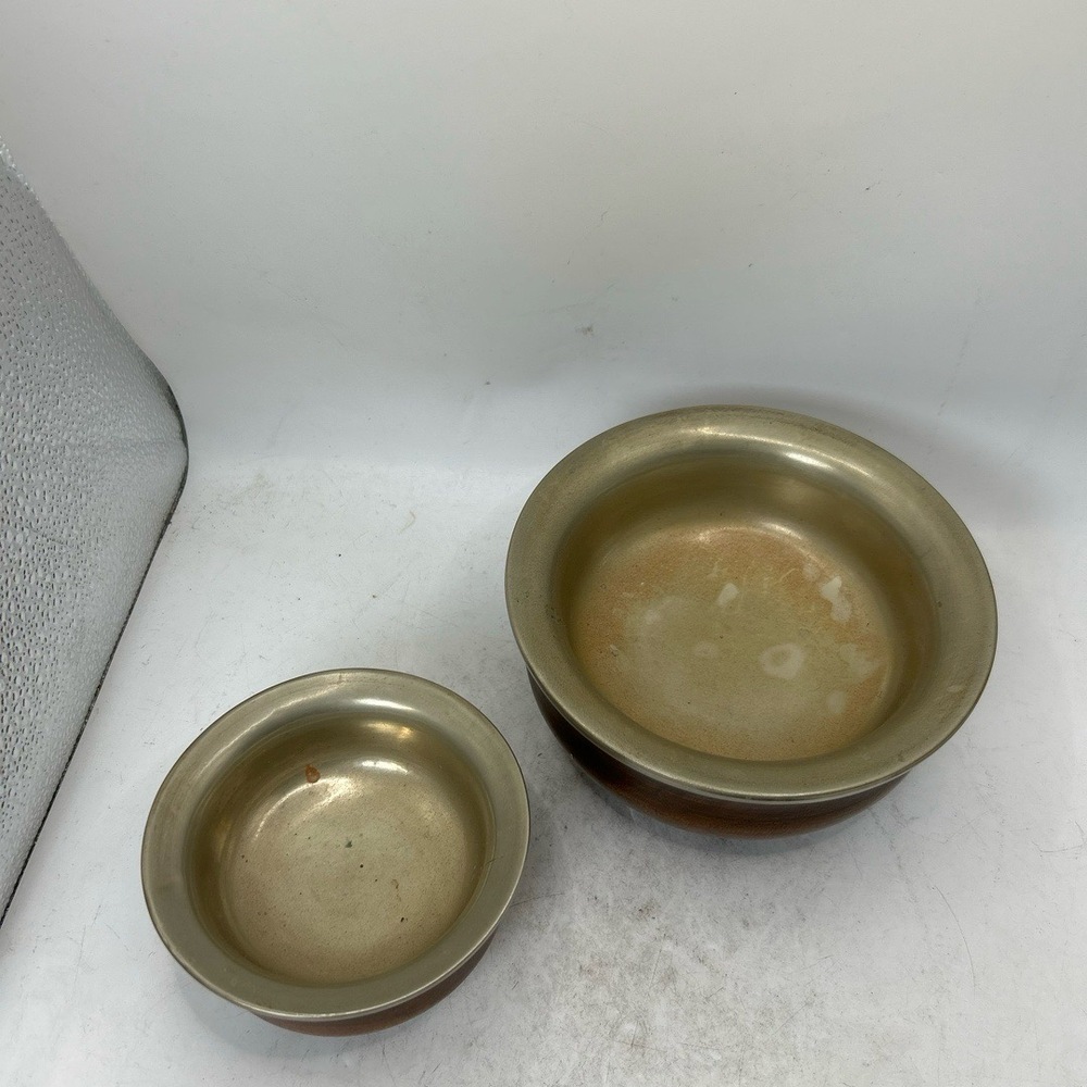 Bowls Set Of Two Dark Brown Silver Tone Rustic‎ Decor Metal Lined Vintage